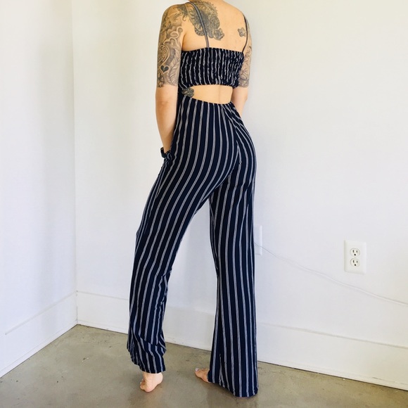 JUMPSUIT Navy Wide Leg Striped Open Back Tie Bow - Picture 2 of 8